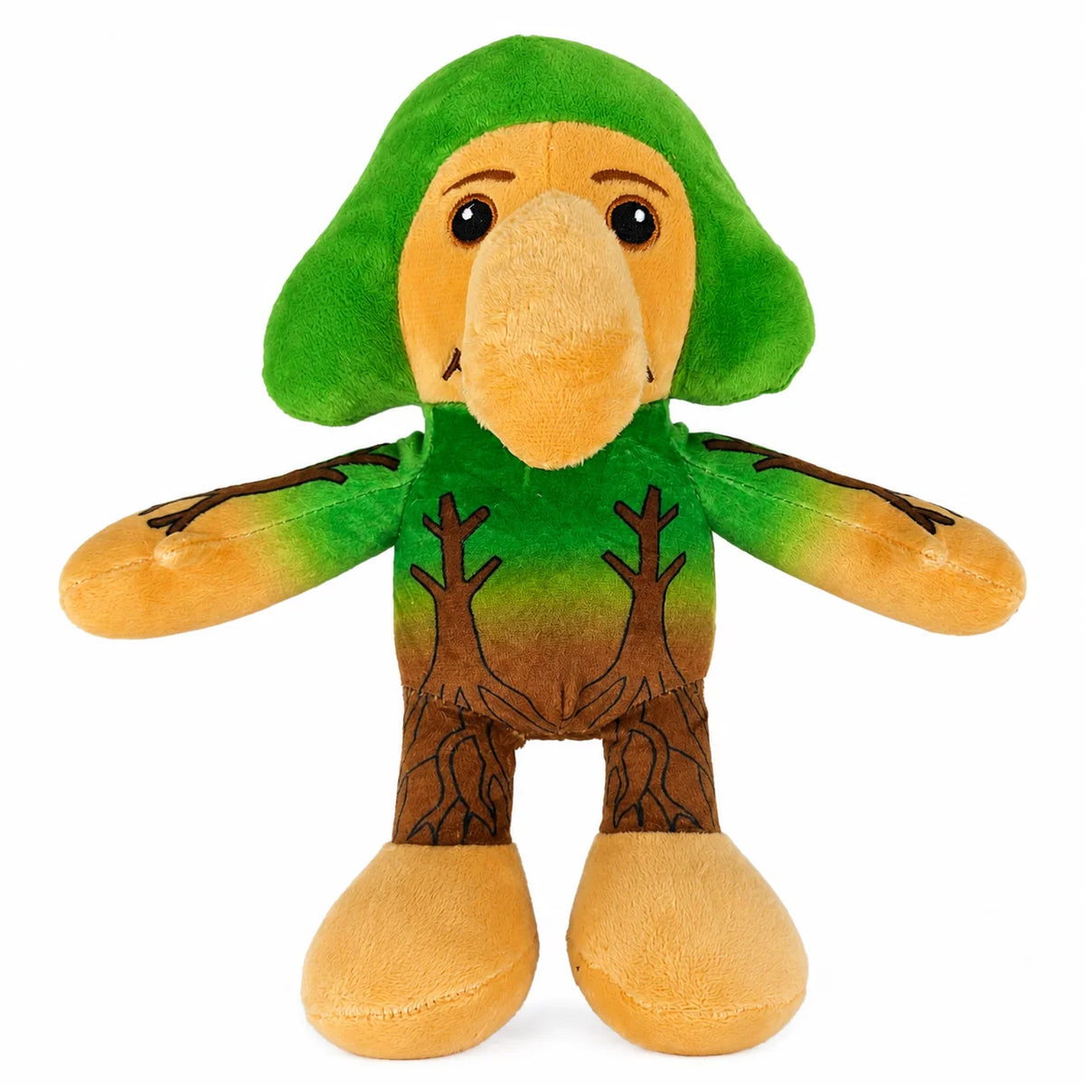 A plush toy of a shark with green skin, orange snout, and brown body and limbs.