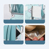 Close-up views of a light blue bear print waterproof diaper backpack showing the bottle, a wipe, and the interior storage.