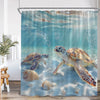 Ocean life shower curtain featuring sea turtle and dolphin designs in blue and green tones.
