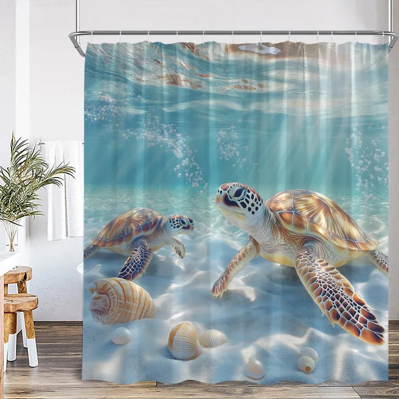 Ocean life shower curtain featuring sea turtle and dolphin designs in blue and green tones.