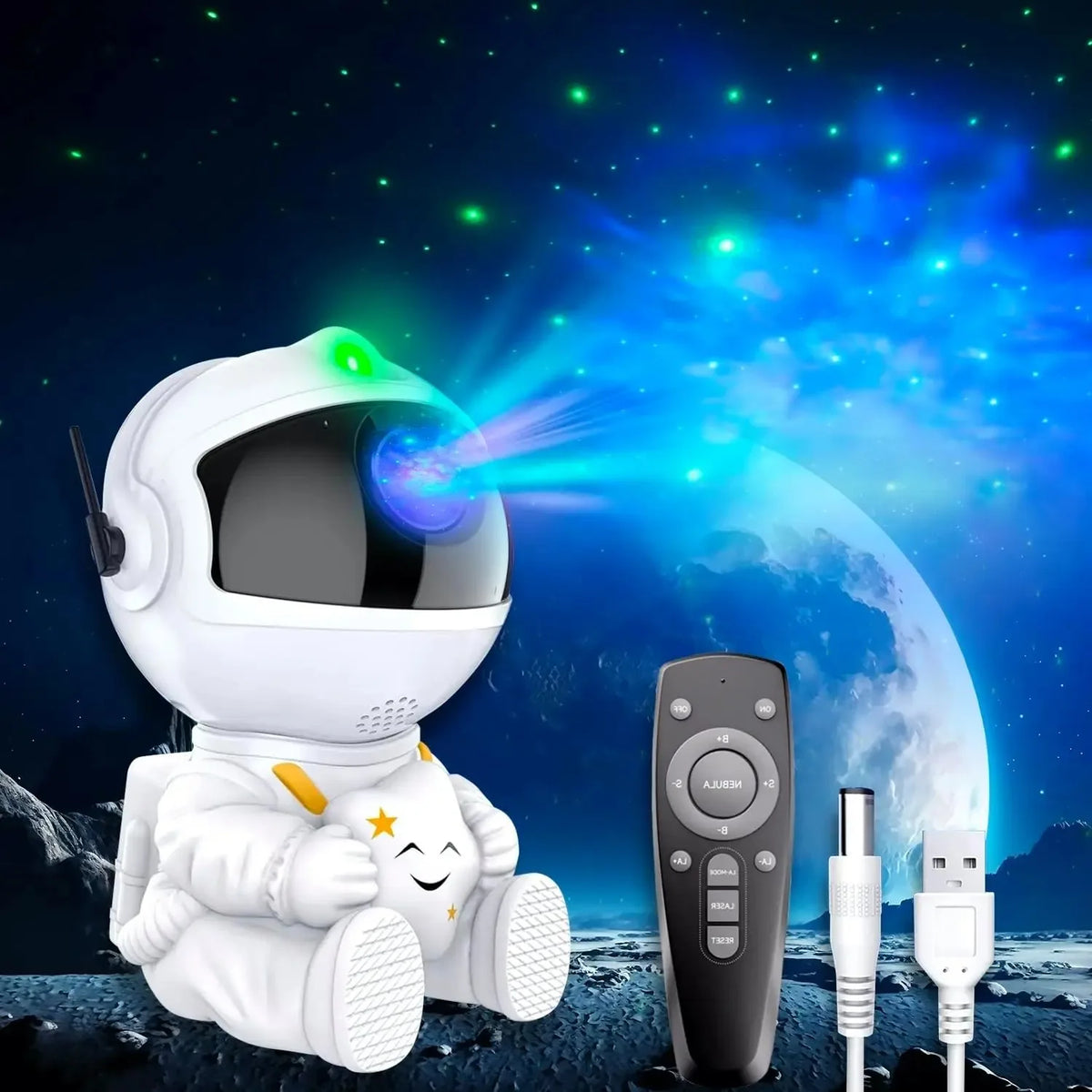 A white astronaut figure is shown next to a black remote control and a light projector illuminating a blue galaxy background.
