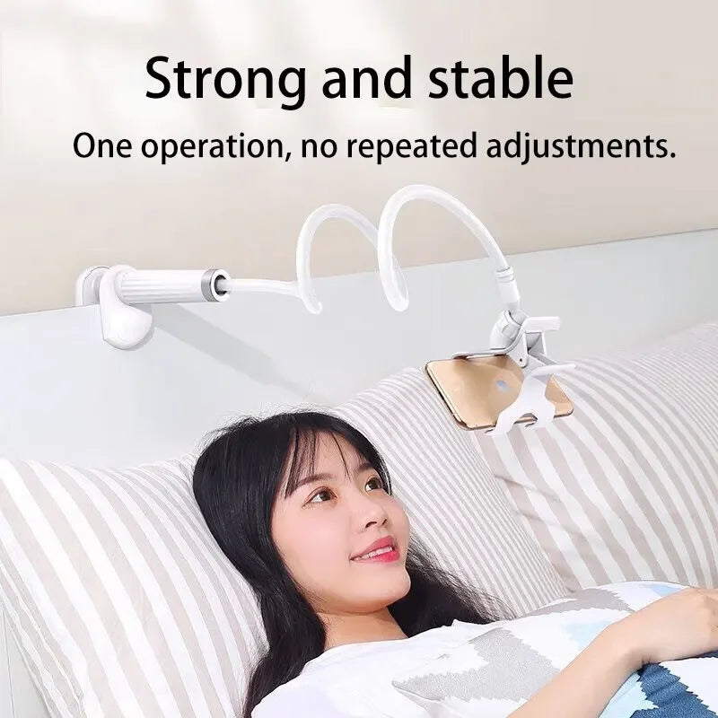 A woman is using a strong and stable flexible gooseneck phone holder for bedside viewing.