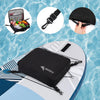 Black waterproof paddle board deck bag with cooler lining shown next to a cooler and a paddle board.