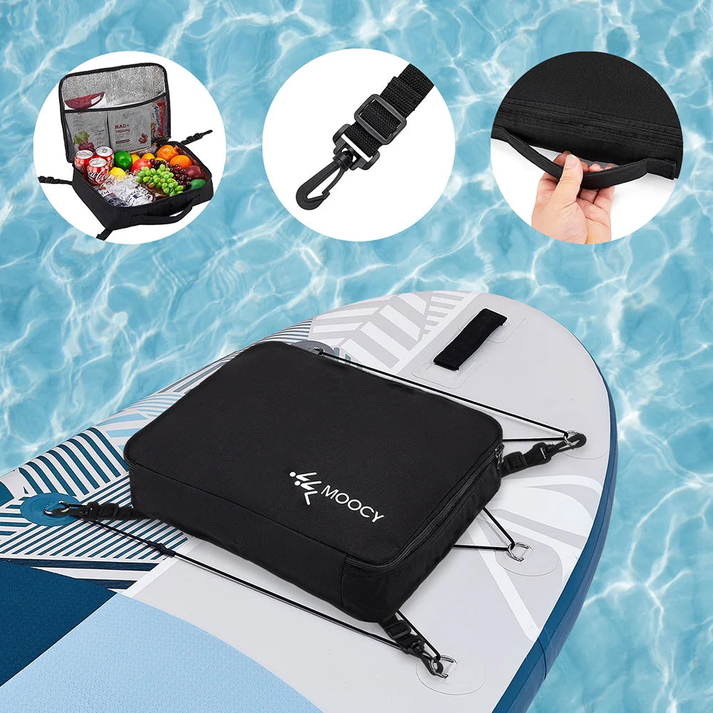 Black waterproof paddle board deck bag with cooler lining shown next to a cooler and a paddle board.
