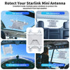 Starlink Mini suction cup mount installed in various car windows including sunroof, rear window, and aircraft windows