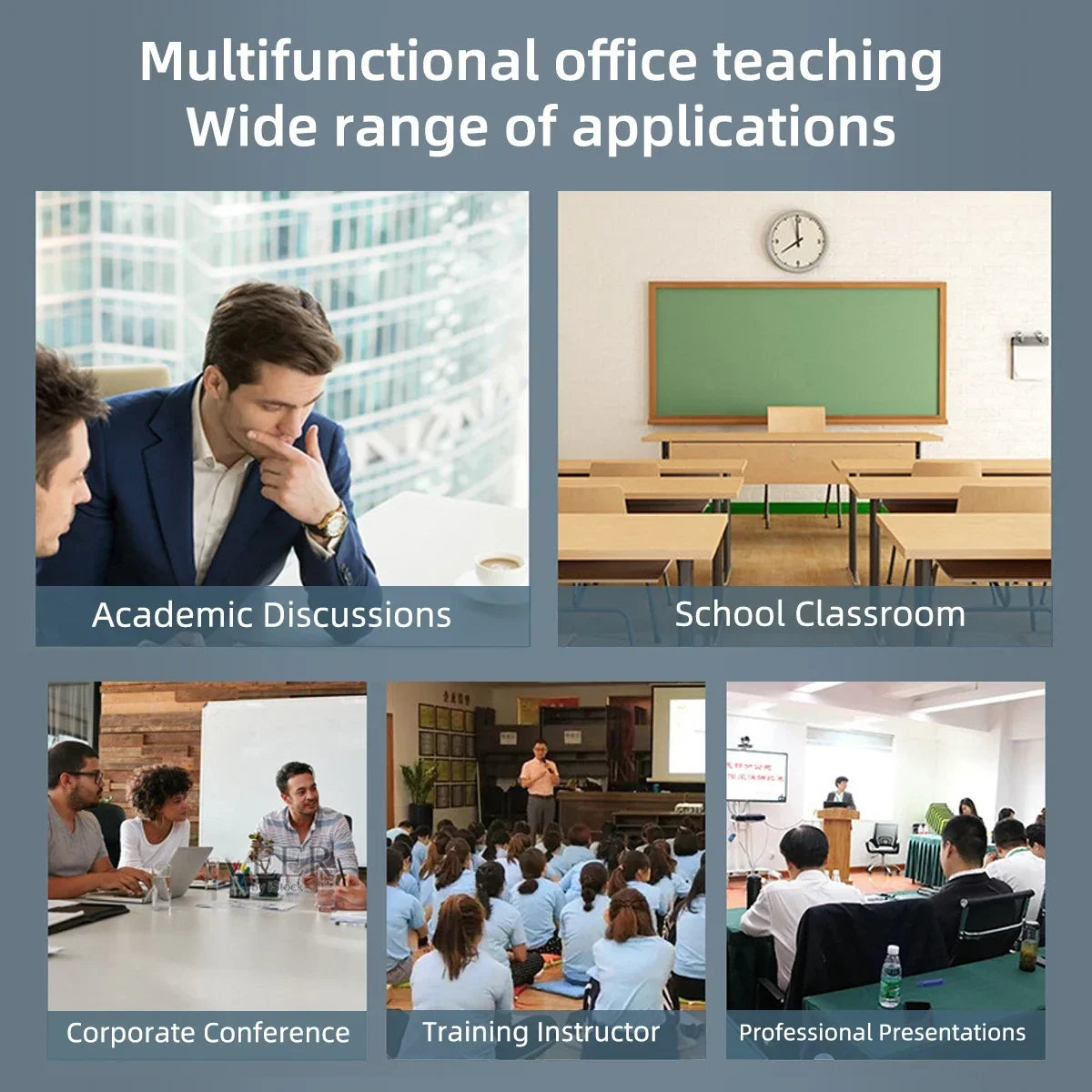 Eine Sammlung von professionellen Lehrmittel und Präsentationswerkzeugen, darunter ein Stift, Klassenzimmer-Setup und Konfere