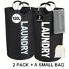 Black fabric laundry hampers in a 2 pack with a small bag shown side by side.