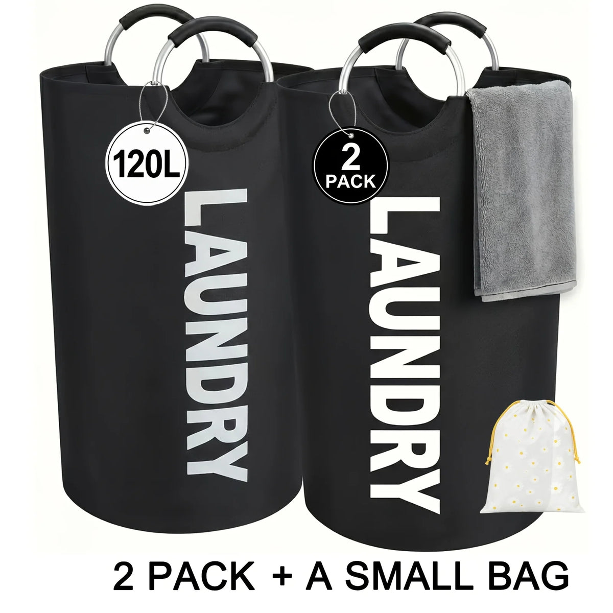 Black fabric laundry hampers in a 2 pack with a small bag shown side by side.
