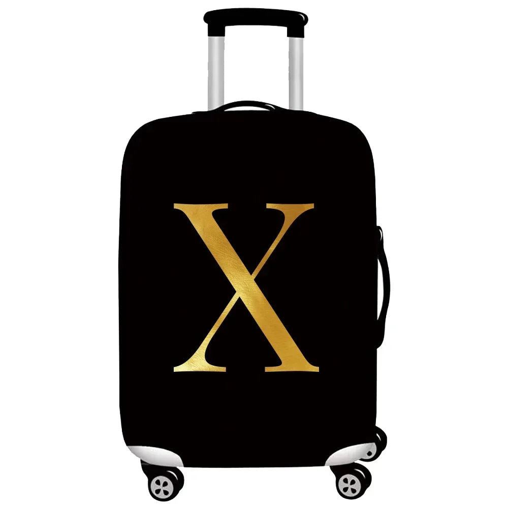 Black luggage with a gold letter X print and silver handles