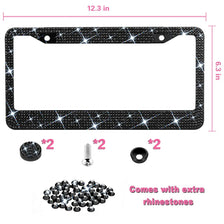Black crystal rhinestone license plate frame with mounting hardware and extra rhinestones