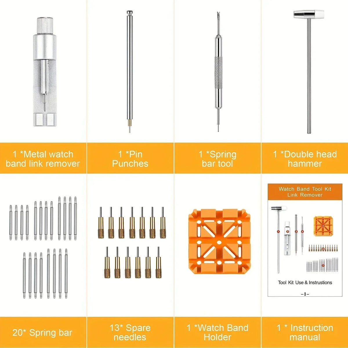 A set of tools including a metal watch band link remover, pin punches, spring bar tool, double head hammer, spare needles, an
