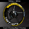 Yellow and white reflective decals for a motorcycle wheel rim kit for the Yamaha MT-07