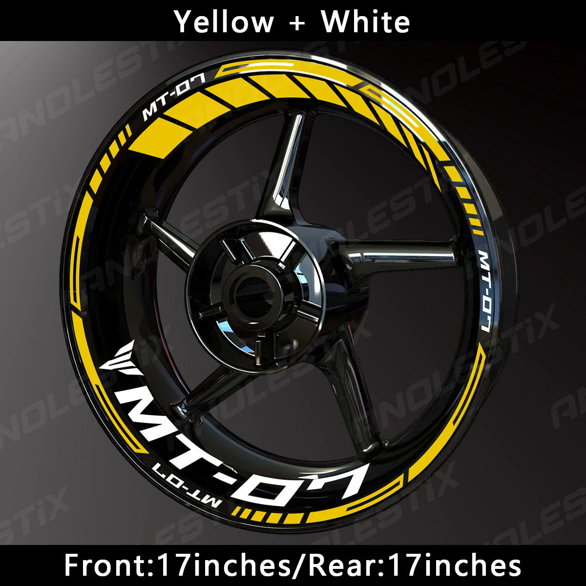 Yellow and white reflective decals for a motorcycle wheel rim kit for the Yamaha MT-07