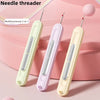 A set of two multifunctional 2-in-1 needle threader and seam ripper tools in light green and purple.