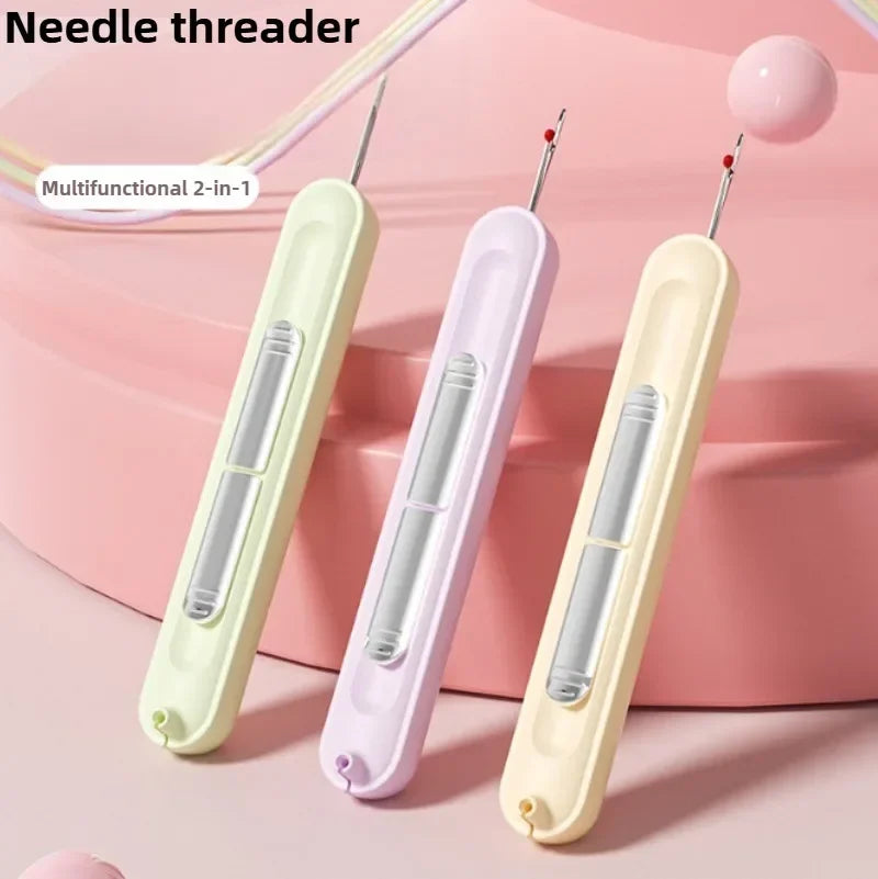 A set of two multifunctional 2-in-1 needle threader and seam ripper tools in light green and purple.