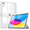 A silver slim tri-fold stand case for an iPad is shown next to the iPad itself.