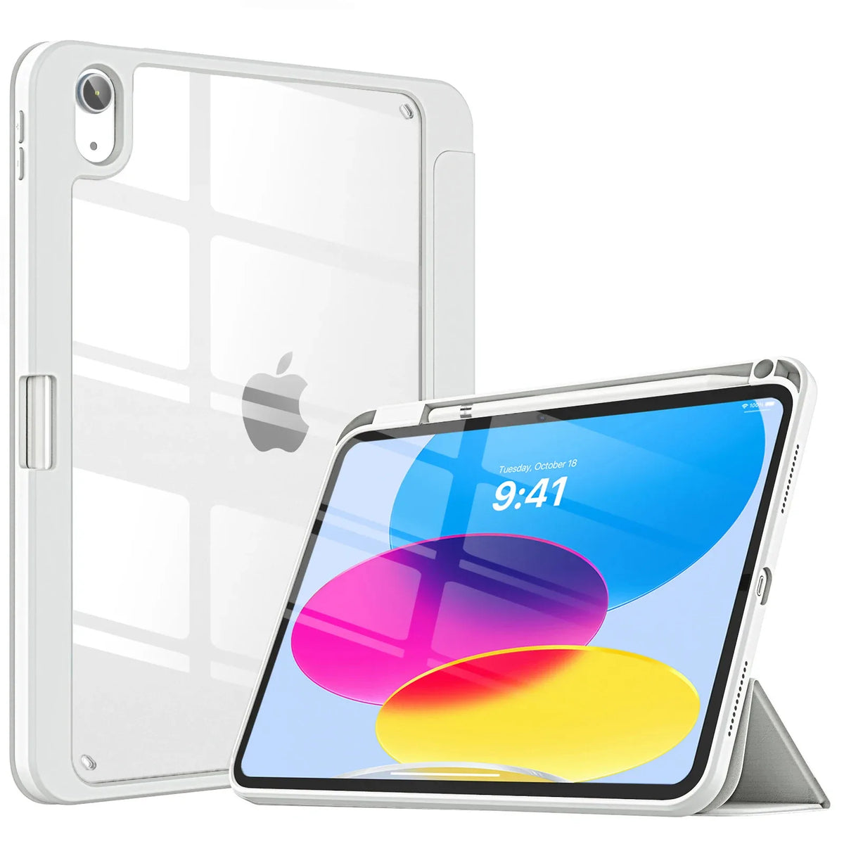 A silver slim tri-fold stand case for an iPad is shown next to the iPad itself.