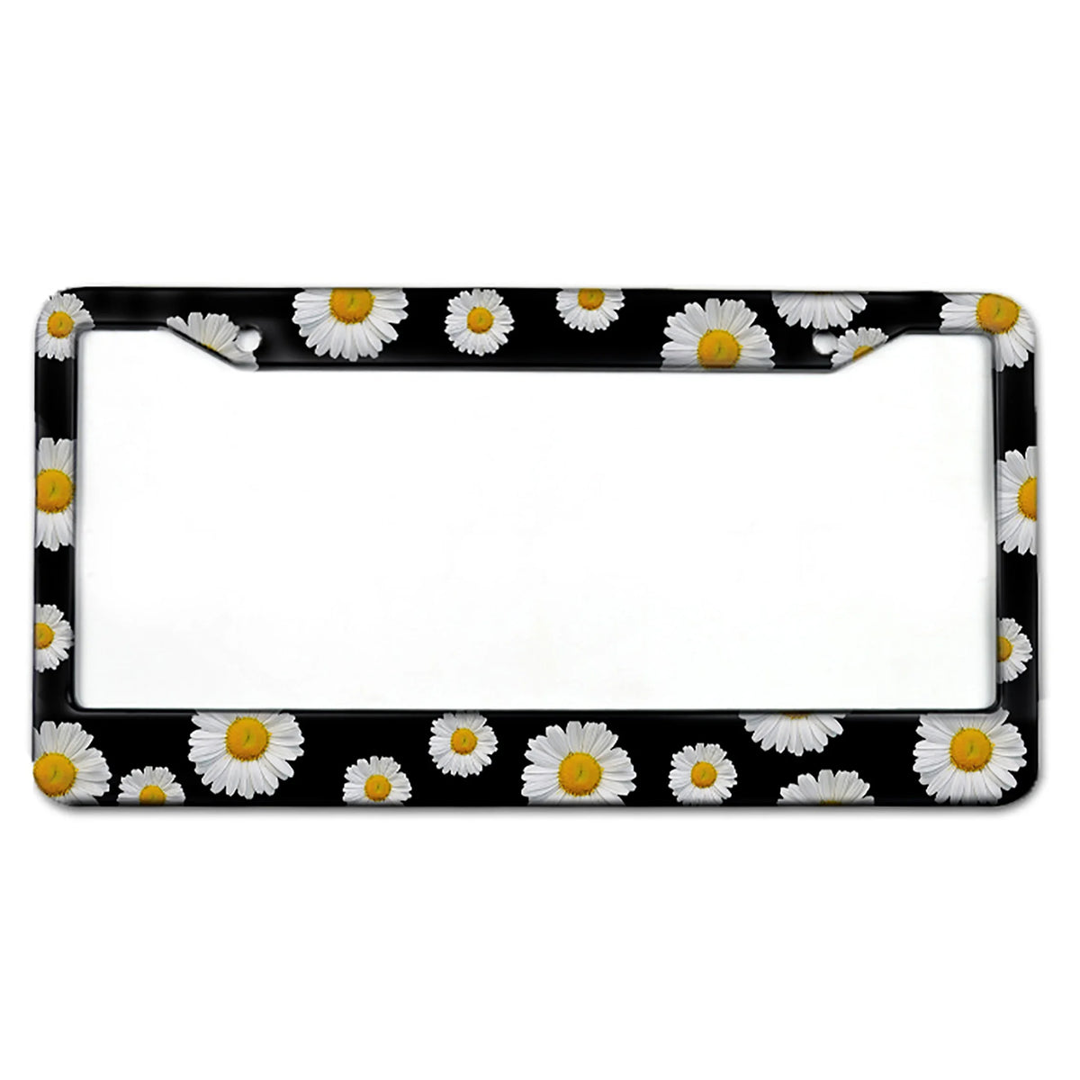 Black and white daisy patterned aluminum license plate frame for a car tag holder