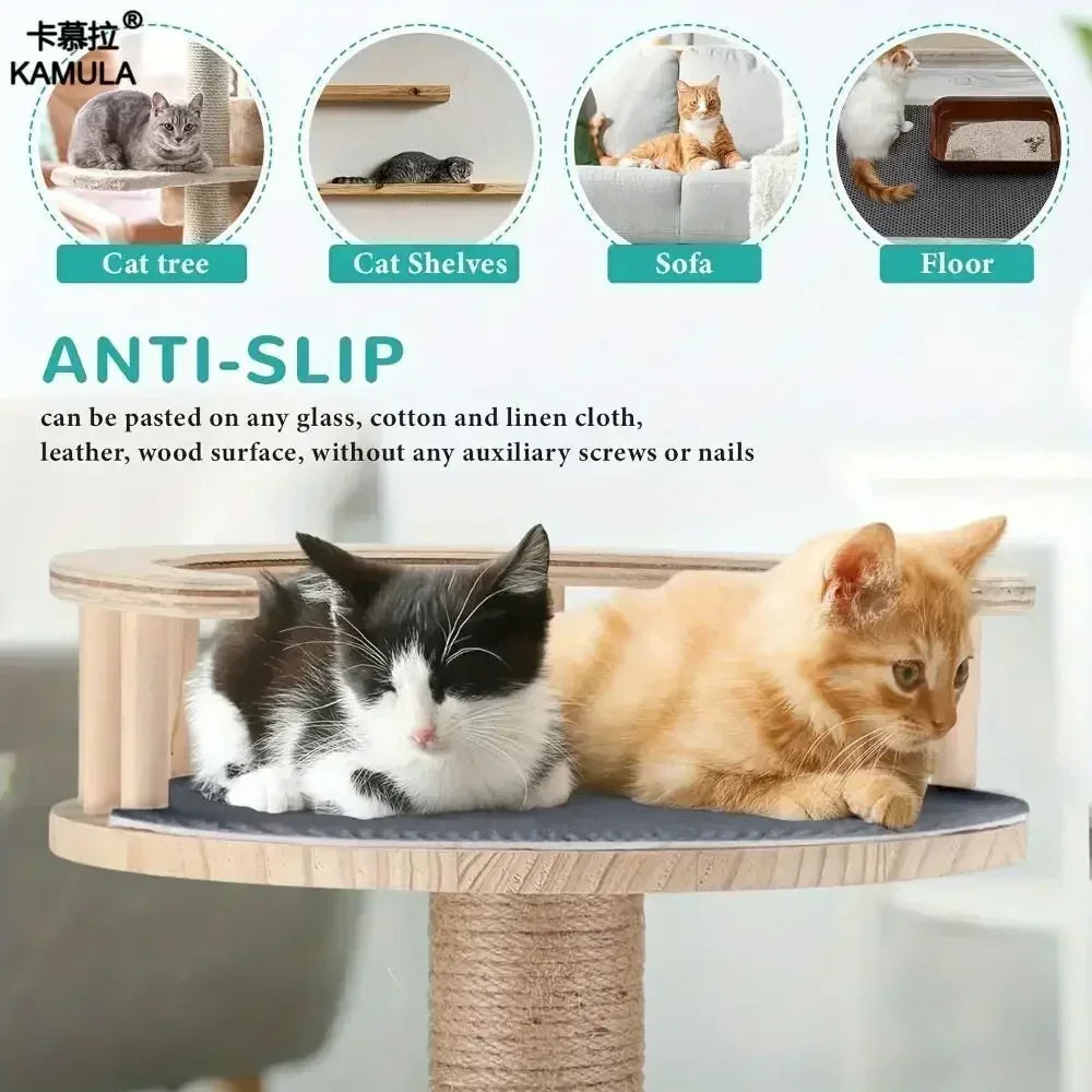 A cat is resting on a wooden cat tree, demonstrating the anti-slip features of the mat protector.