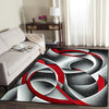 Abstract geometric anti-slip area rug featuring swirling red and gray patterns on a dark floor.