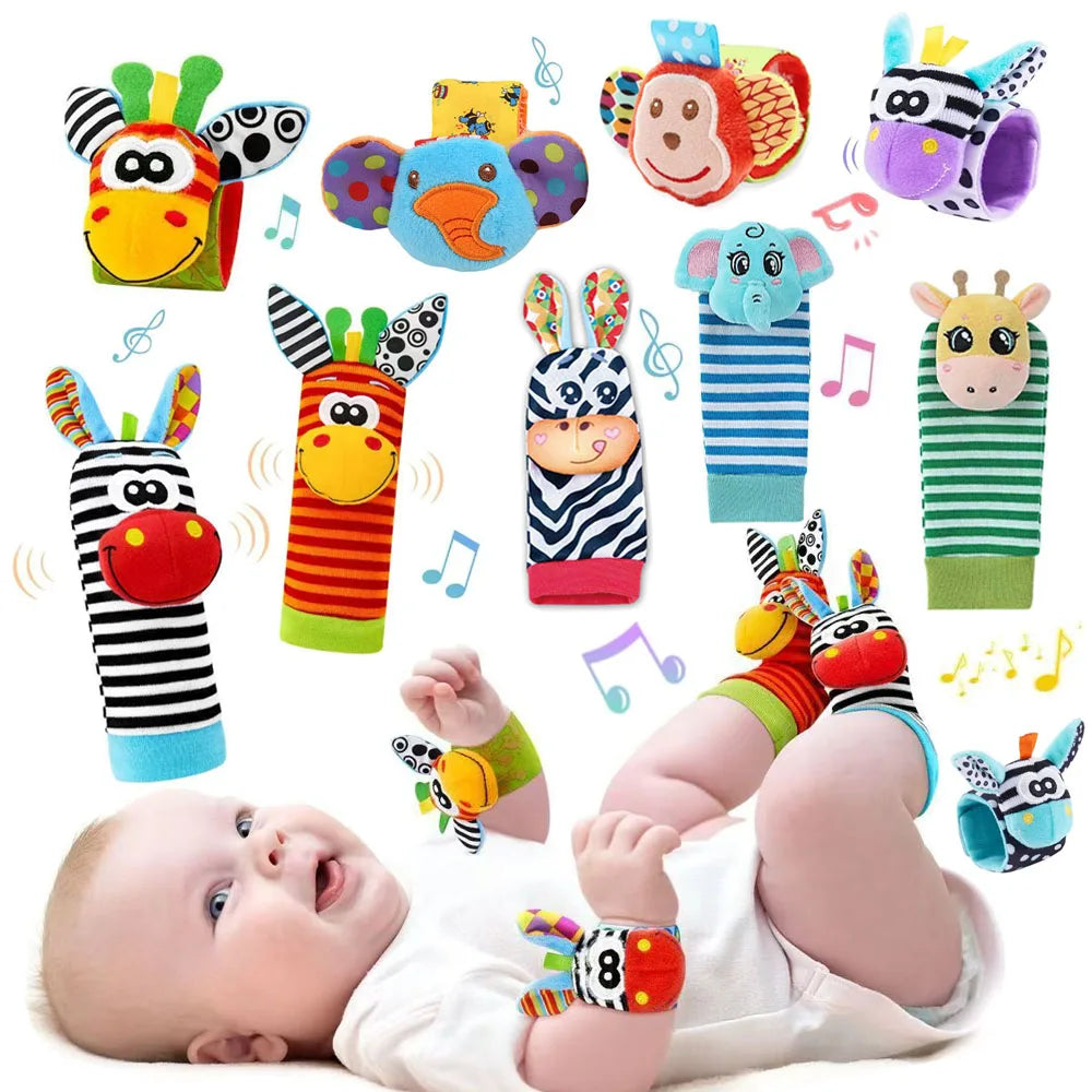 Baby Wrist Rattles and Animal Socks Set for Sensory Development