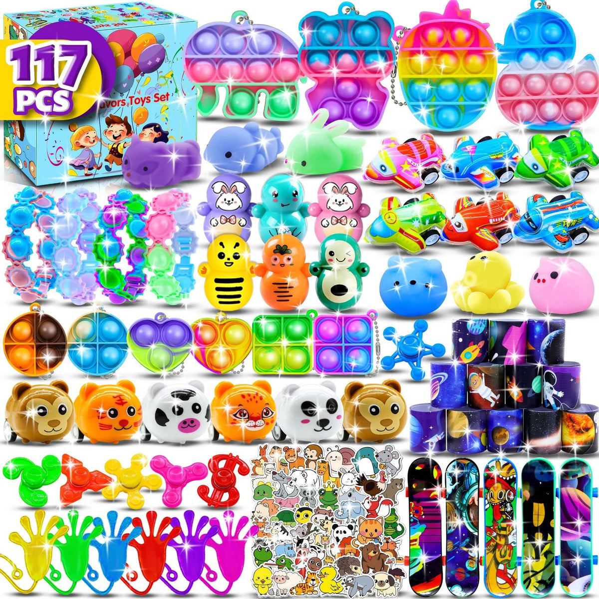 A colorful pack of sensory fidget toys and stickers for kids including squishy balls, putty, and various themed items.