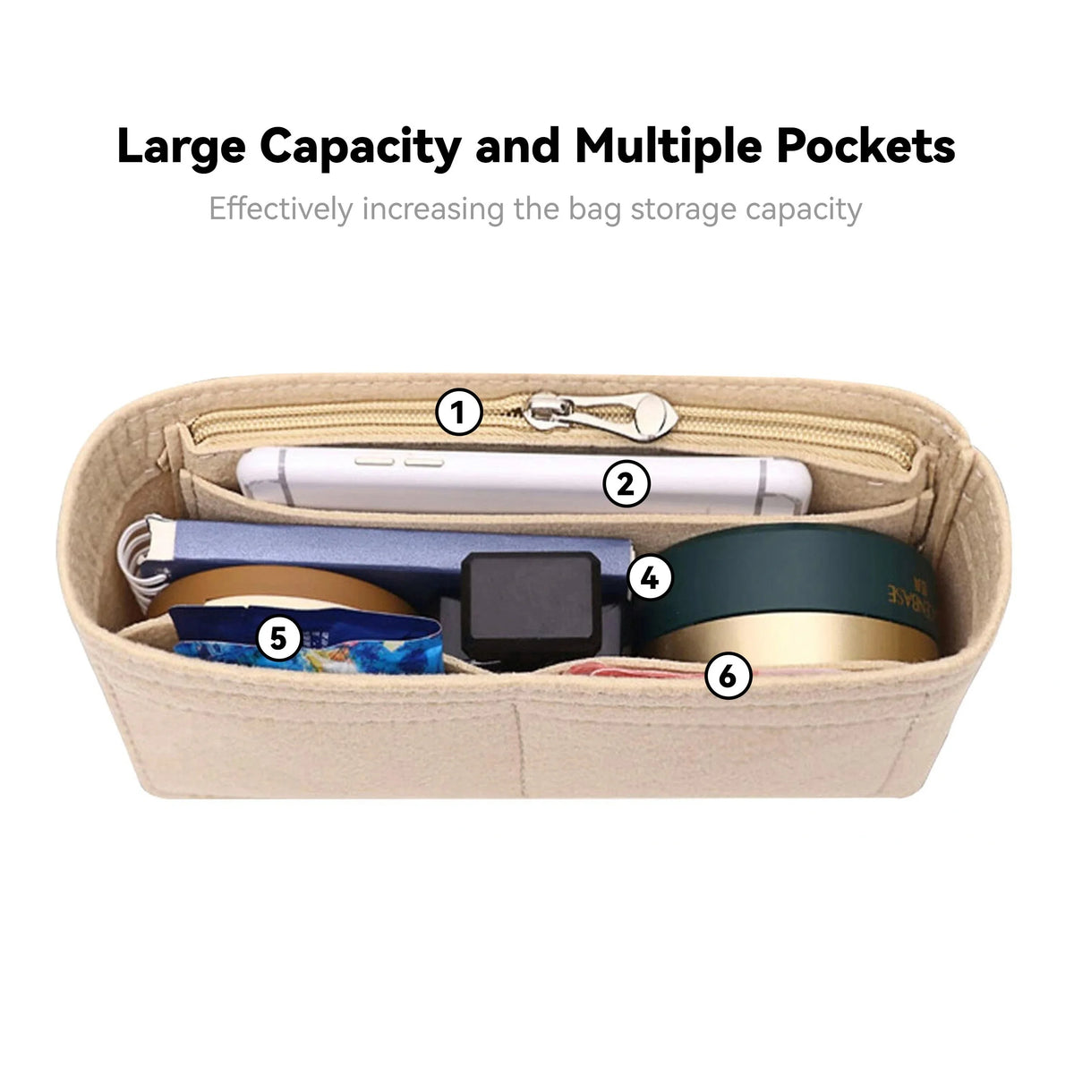A beige felt handbag organizer insert showing six pockets for storing various small items like pens and electronics.