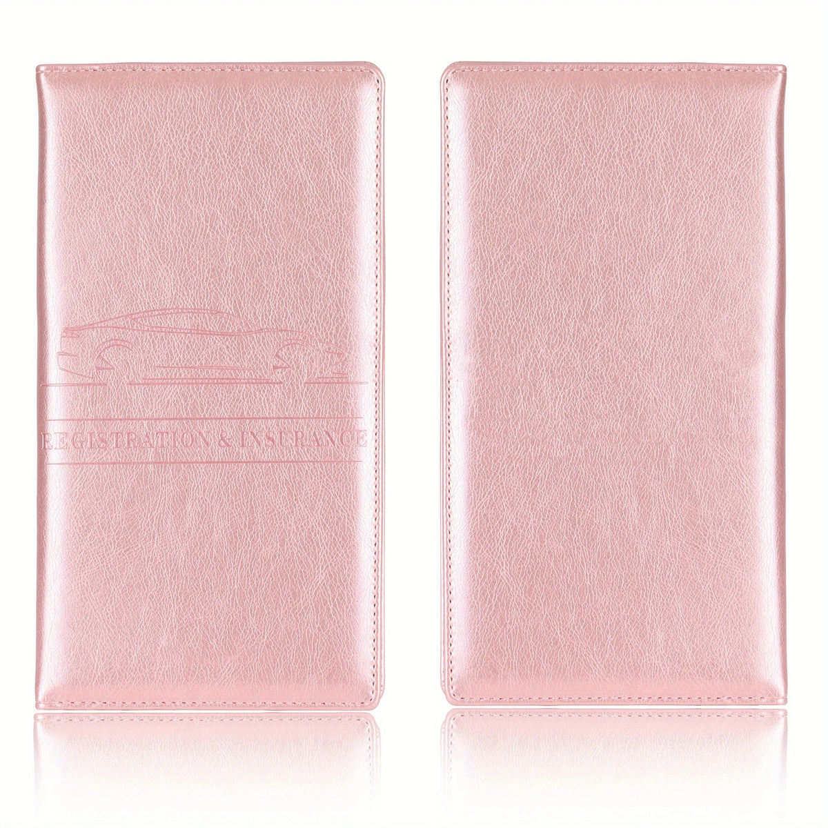 A pink leather slim card holder wallet designed for storing vehicle registration, license, and insurance cards.