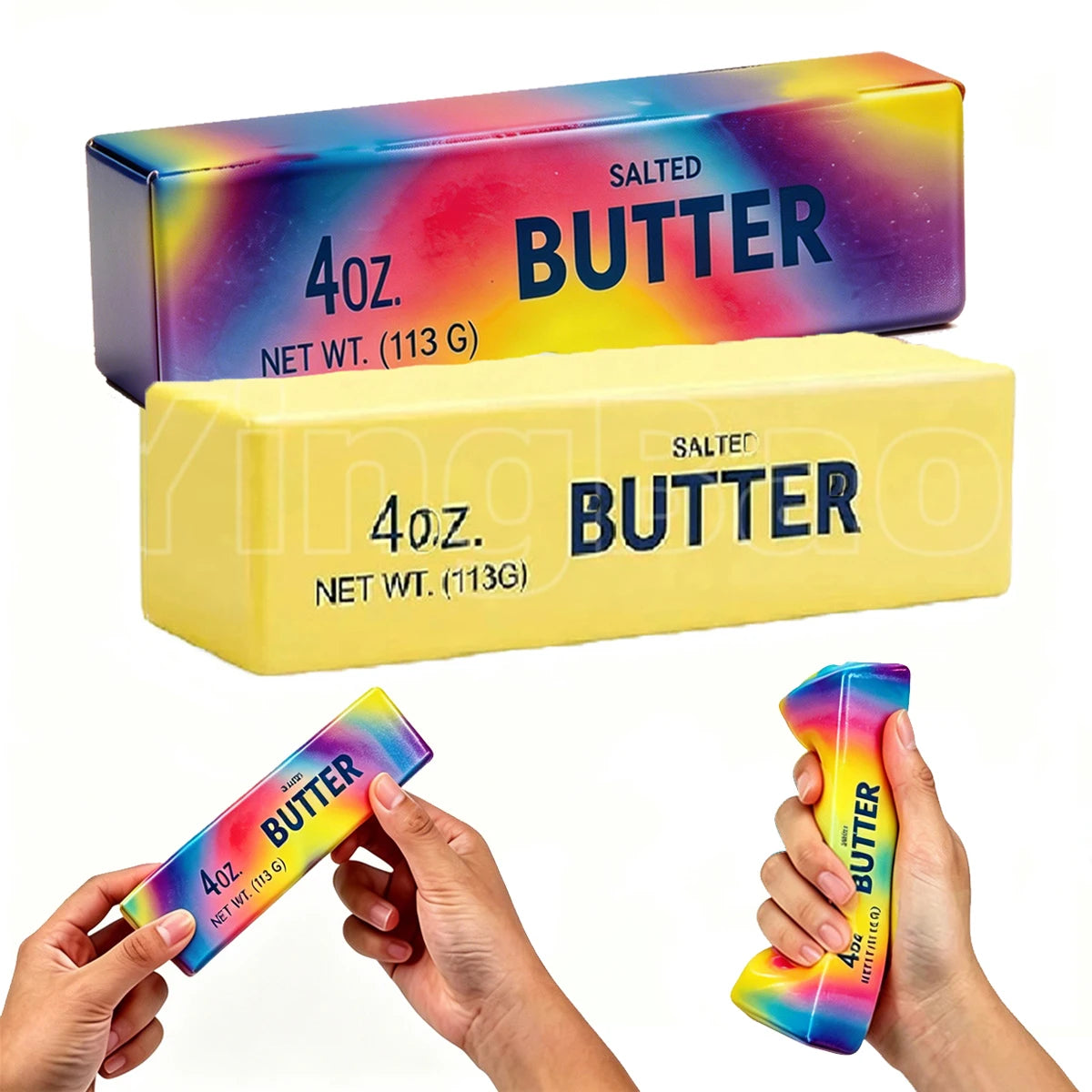 A box and a squishy butter fidget toy are shown, with hands holding the product.