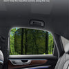 Interior view of a car showing a side window with sun shades installed, emphasizing the view outside.