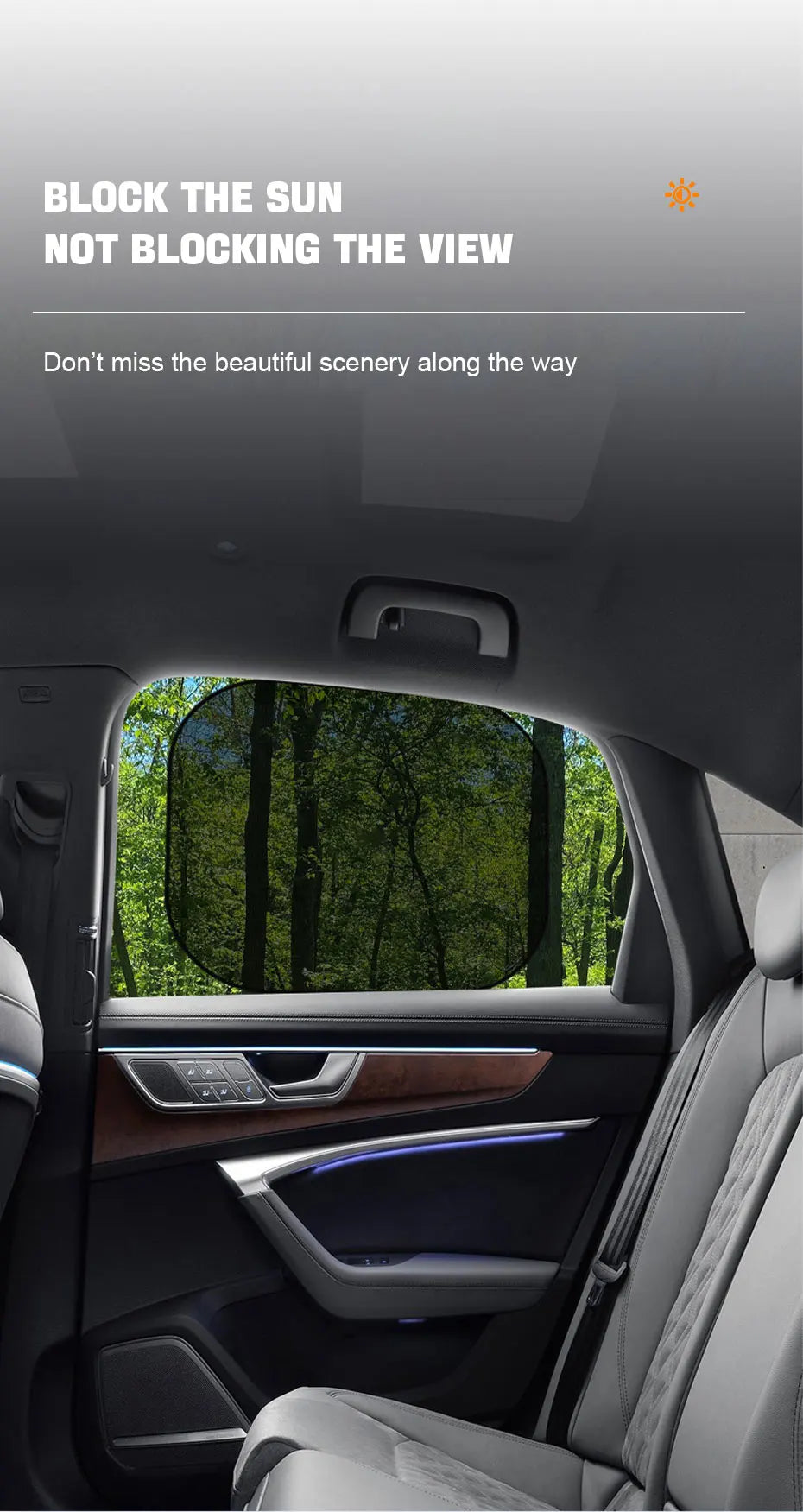 Interior view of a car showing a side window with sun shades installed, emphasizing the view outside.