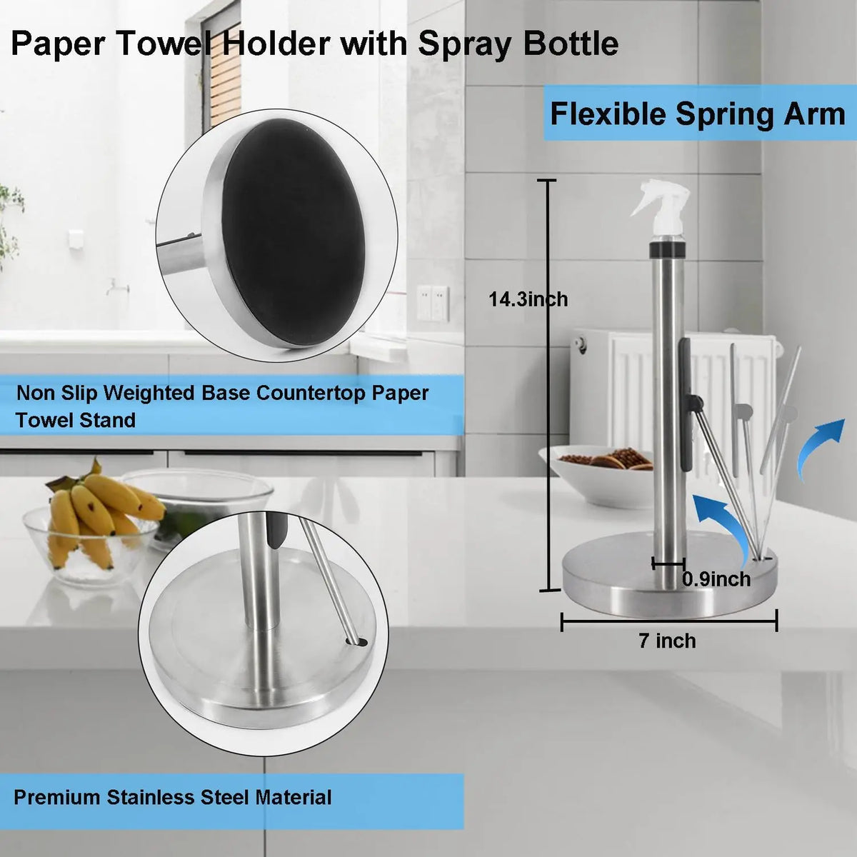 A stainless steel paper towel holder with a flexible spring arm and built-in spray bottle on a countertop.