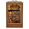 A wooden cabinet with glass doors displaying an illuminated miniature book nook kit featuring shelves, books, and decorative 