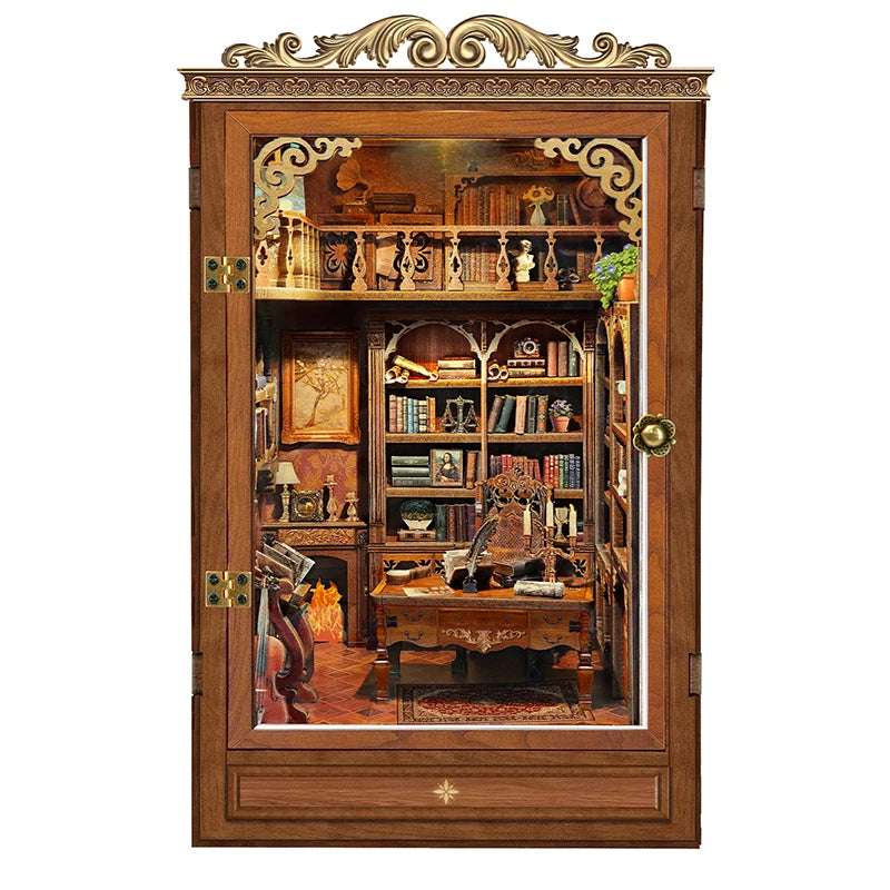 A wooden cabinet with glass doors displaying an illuminated miniature book nook kit featuring shelves, books, and decorative 
