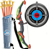A kids archery set featuring a bow and arrow with suction cups next to a target and a quiver.