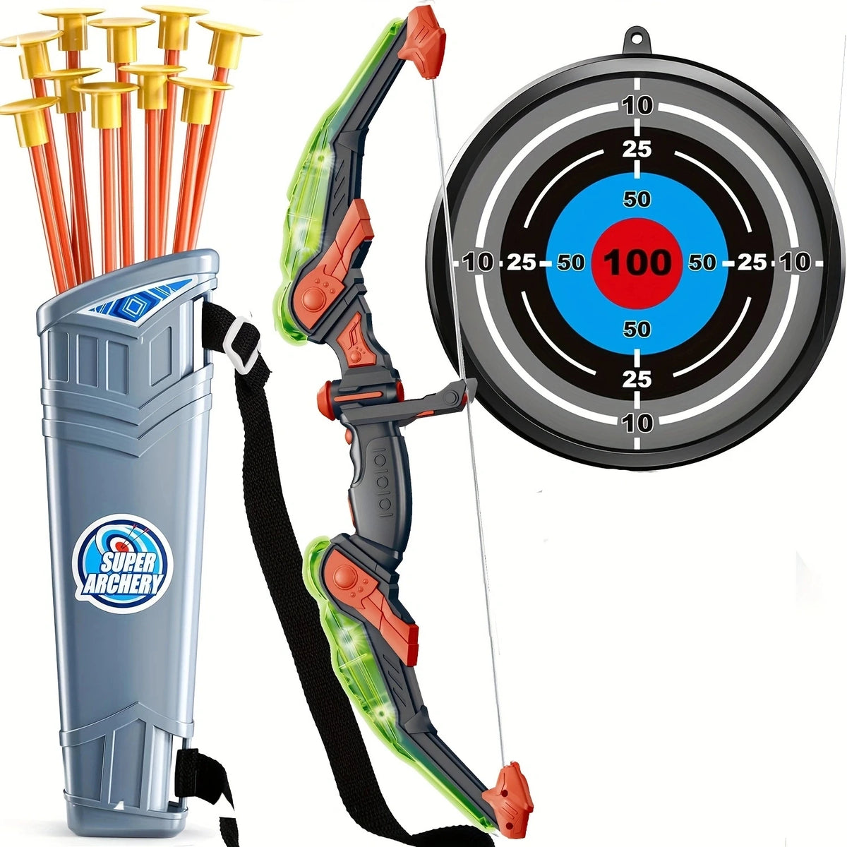 A kids archery set featuring a bow and arrow with suction cups next to a target and a quiver.