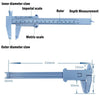 A plastic vernier caliper tool showing inner and outer diameter measurement scales, a ruler, and depth measurement capabiliti