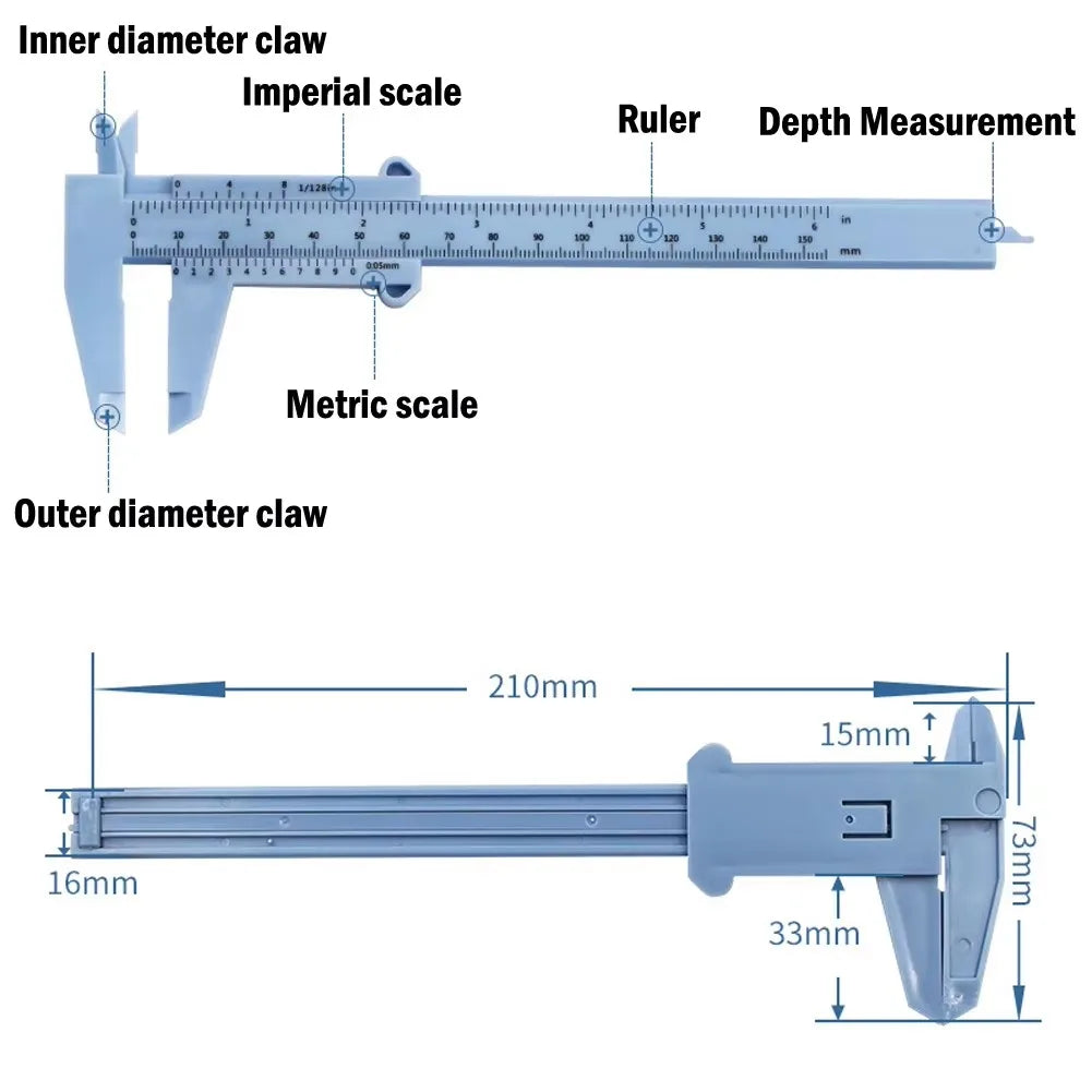 A plastic vernier caliper tool showing inner and outer diameter measurement scales, a ruler, and depth measurement capabiliti