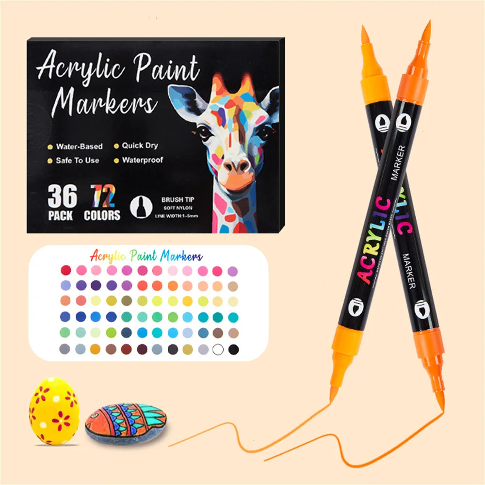 A set of 36-color acrylic paint markers, including a giraffe design, is shown with an egg and a rock.