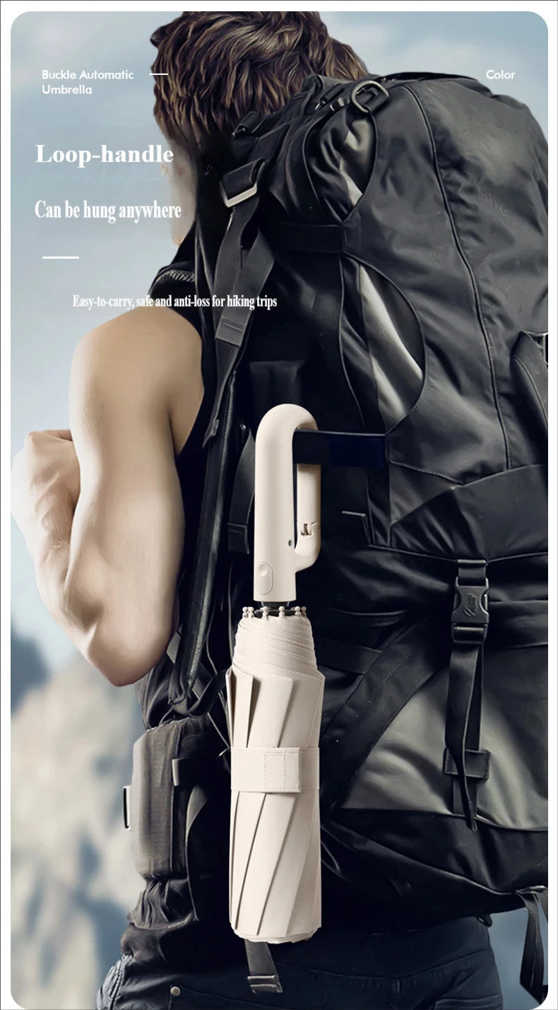 A person is wearing a black backpack and holding an automatic folding umbrella with a light beige handle.