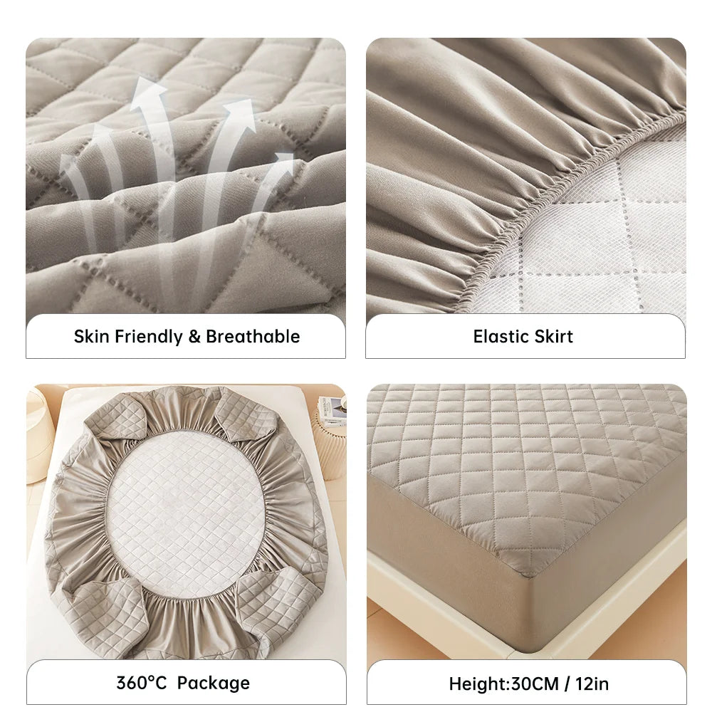 Beige gesteppter Matratzen-Schutz mit elastischem Saum und 30 cm Höhe.
