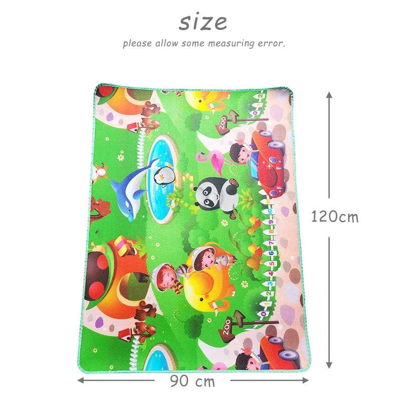 A colorful soft foam baby play mat featuring various toys and characters for infants.