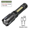 A black high-power LED flashlight with a built-in battery and Type-C cable is shown.