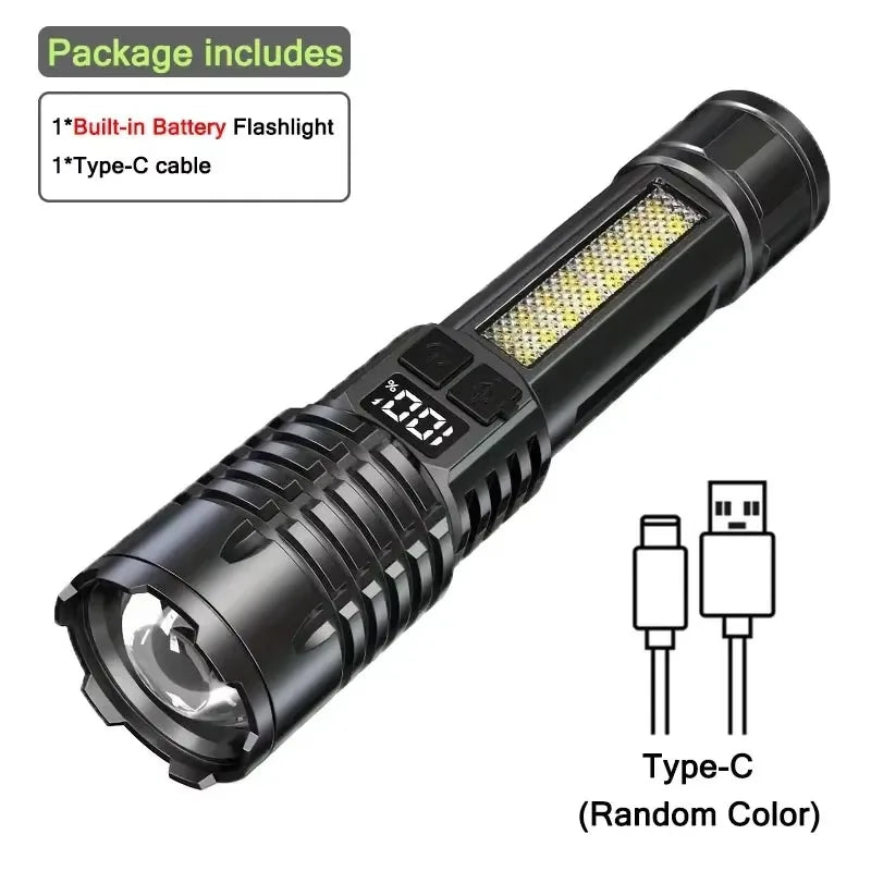 A black high-power LED flashlight with a built-in battery and Type-C cable is shown.