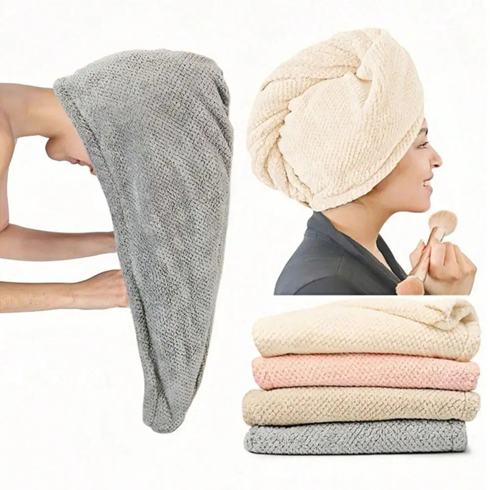 A beige microfiber hair drying towel wrap is shown folded and several stacked towels are displayed.