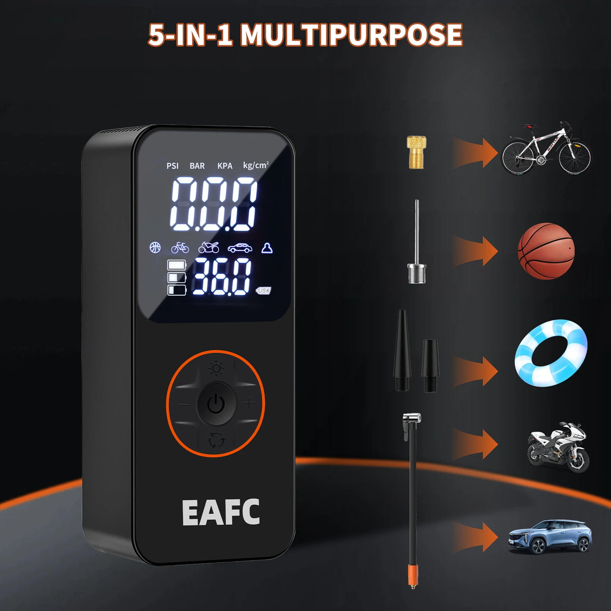 A black portable 5-in-1 multi-purpose air compressor device showing various pressure measurements and tools.