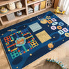 A blue play mat featuring a cartoon car traffic design for kids in a nursery or playroom.