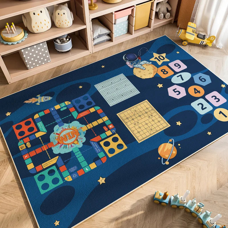 A blue play mat featuring a cartoon car traffic design for kids in a nursery or playroom.