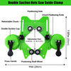 A green double suction hole saw guide clamp with a retractable chuck and adjustable size for precision diamond hole saws.