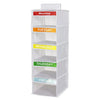 A white 5-layer hanging closet organizer with labeled pockets for Monday through Friday.